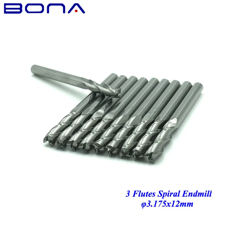 10pcs 3.175*12mm 3 Flutes Carbide Sprial Bits Milling Cutter Tools End Mill CNC Router for Wood Woodworking PVC Acrylic | Инструменты