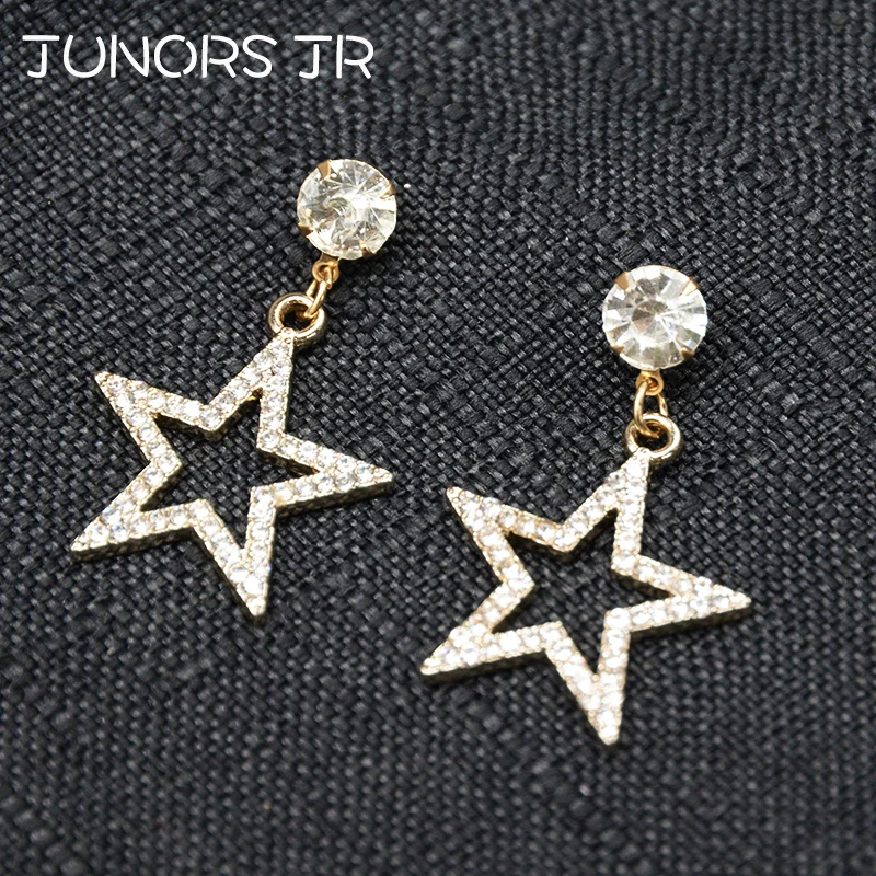 

Gorgeous Gold Crystal Stars Pentagram Simple Statement Dangle Earrings For Women Hollow star Crystal Drop Earrings For Birthday