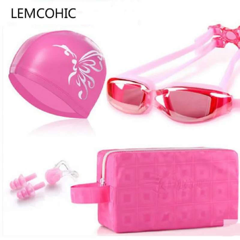 

High quality FemaleHD waterproof anti fog goggles myopia swimming goggles swimming bag cap nose clip kit earplugs swimming suit