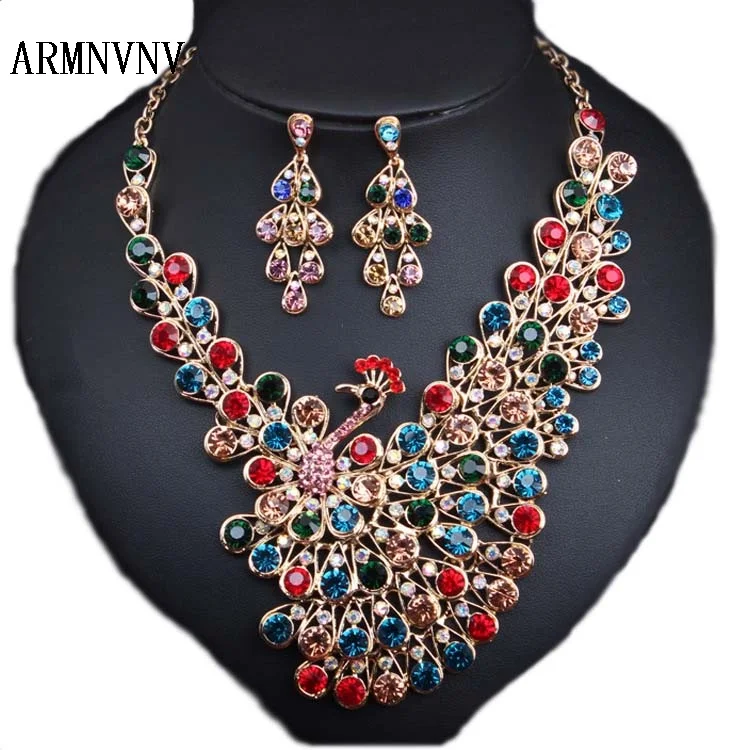 

ARMNVNV Big Crystal Bridal Jewelry Sets Wedding Party Costume Accessory Indian Necklace Earrings for bride Peacock jewellery set