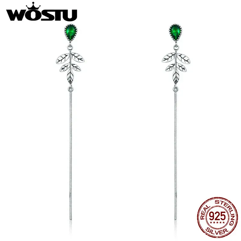 

WOSTU Hot Sale Real 925 Sterling Silver Tree Leaves, Green CZ Drop Earrings for Women Fashion Brand Jewelry Gift CQE333