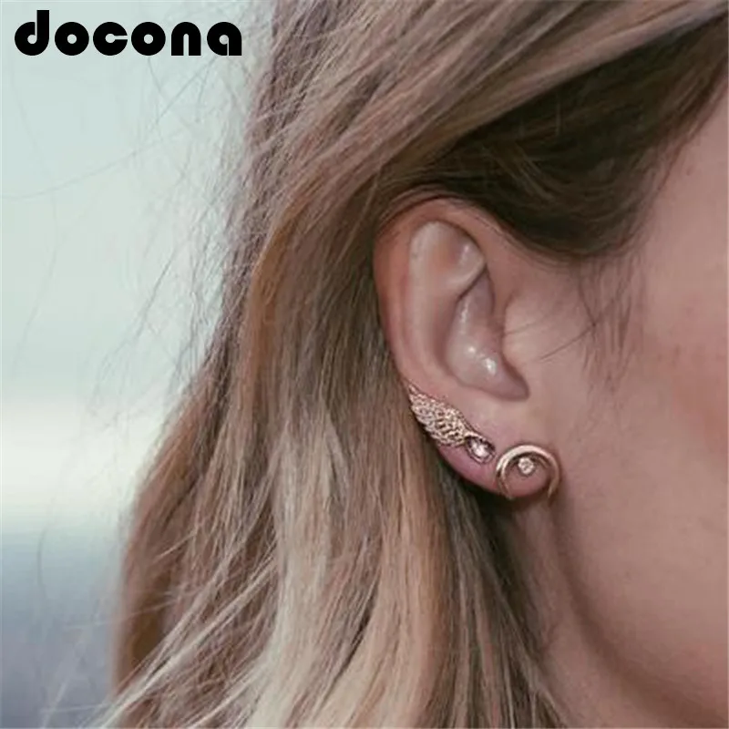 

docona Punk Gold Color Wing Horns Stud Earrings Set for Women Metal Crystal Geometric Studs Earring Party Jewelry Brincos 6388