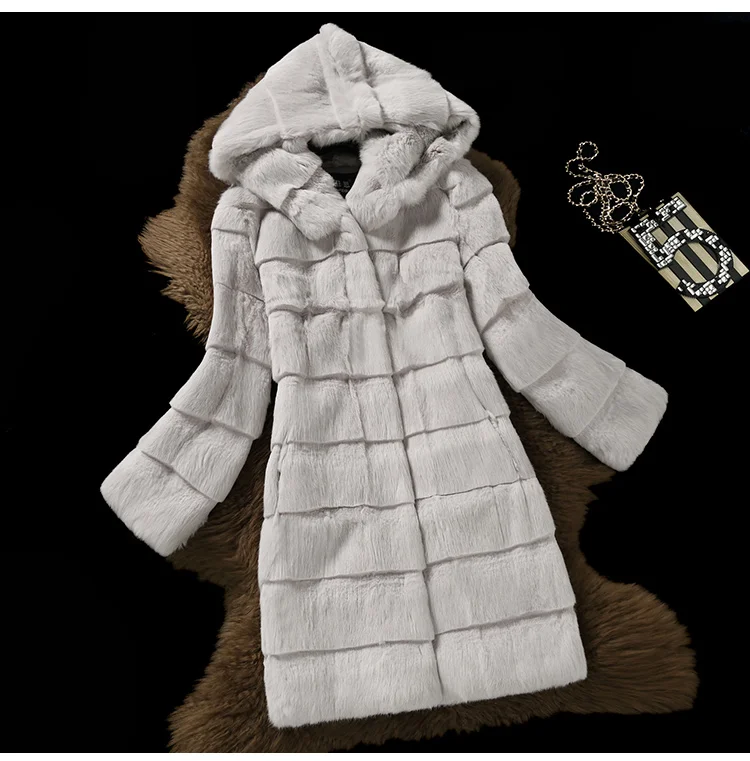 Натурального меха кролика пальто с полосатой Для женщин Кролик Меховая Куртка зимние меховые жилеты с капюшоном пользовательские большие размеры sr426 - Цвет: Grey