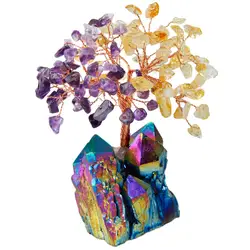 TUMBEELLUWA 4 "натуральный фиолетовый и желтый кристалл денежное дерево, Радуга аура Титан кластера база фигурка бонсай для богатства удачи