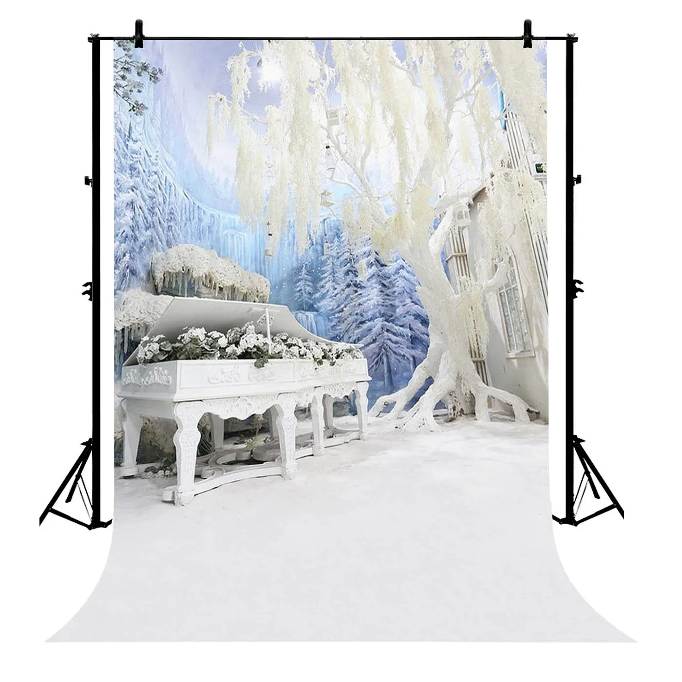 

5x7ft Snow Tree Blue Ice Mountain Wedding Elegant Piano Polyester Photo Background Portrait Backdrop