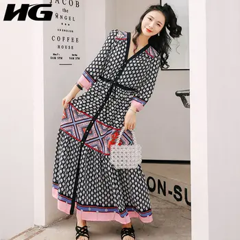 

HG Geometric Dot Print Vintage Dress Plus Size Dress Women V Neck Long Sleeve Dress Chiffon Slim Was Thin Beach Holiday ZYQ1281