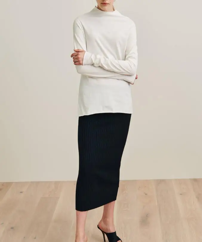 

Woman Murano slip skirt black White Knit Midi Skirts Super Elastic High Waistband Fashion Step SKIRT 2019
