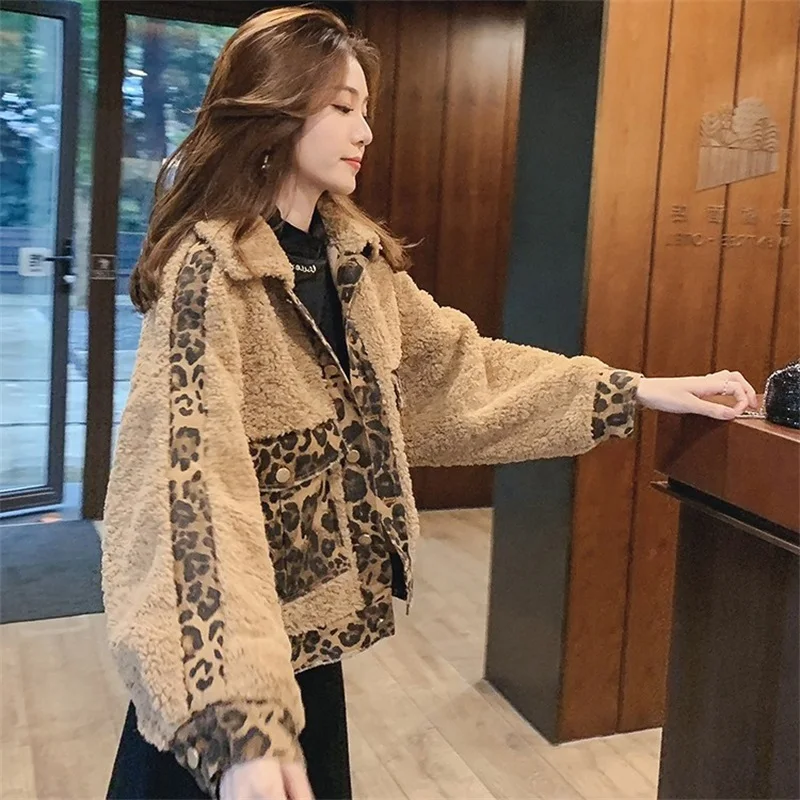 

Fur Jacket Autumn Winter 2019 Lamb Leopard Jeans Short Loose Turn-down Collar Leopard Pockets Warm Casual All-Match Jackets
