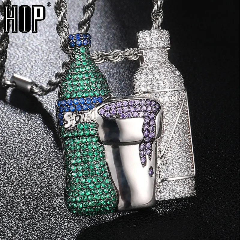 

Hip Hop Multicolor Cubic Zircon Iced Out Shiny Wine Bottle Purple Green Silver Cup Combo Pendant & Necklace For Men Jewelry