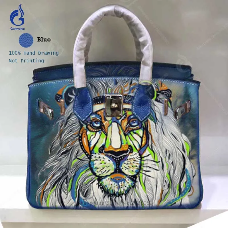 

Fashion Designer Bags for Women 2018 Cow Leather Crossbody Shoulder Bag Hand Painted Art Lion Casual Tote Larger Ladies Handbags