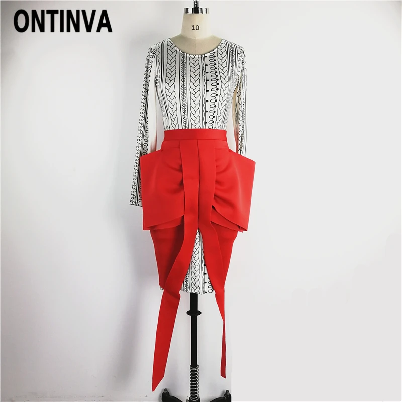 

Women Two Piece Set White Printed Dress And Skirt Matching Suit Slim Robe Split Red Skirts with Big Bowtie Stylish Spring Outfit
