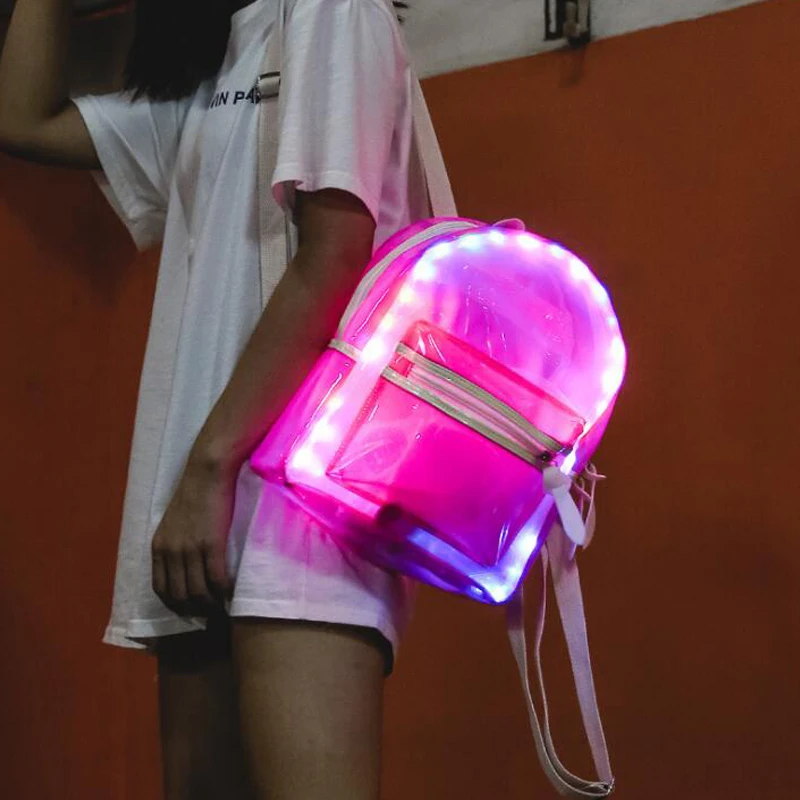 

2019 korea clear mini LED backpack pvc clear holographic girl shiny backpack
