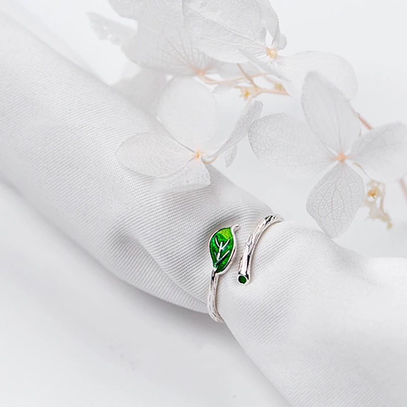Новое поступление, кольцо «ветка» с зеленым листком, регулируемые кольца на палец, 925 пробы, серебряные ювелирные изделия
