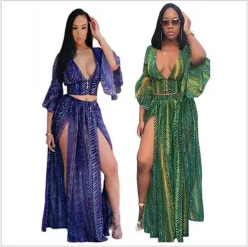 

2017 Women Chiffon V Collar Speaker Sleeves Crop Tops And Split Printing Floor-Length Dress Two-piece Suit Tweedelig Pak HJ100