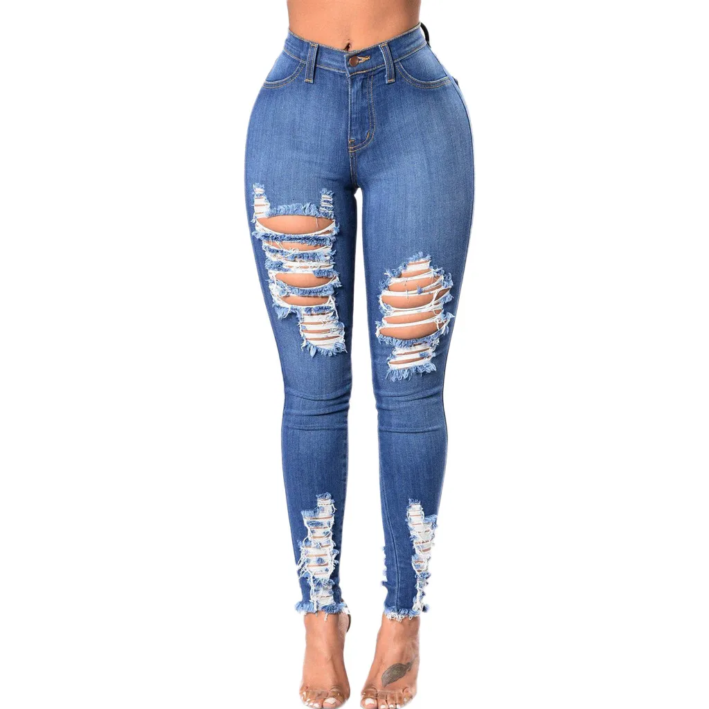 Рваные модные женские джинсы с дырками, женские джинсы с высокой талией, Стрейчевые обтягивающие сексуальные узкие брюки# G6 - Цвет: Синий