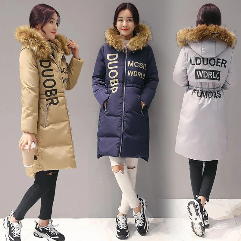 2016 New Fashion Winter Hooded Long sleeve Temperament Waisted Letter Print Thicken Long Coat Down Cotton
