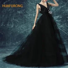 Huafurong подгонянное черное Тюлевое платье знаменитостей с глубоким v-образным вырезом на бретельках длинное платье для выпускного вечера Вечернее платье с поясом и оборками