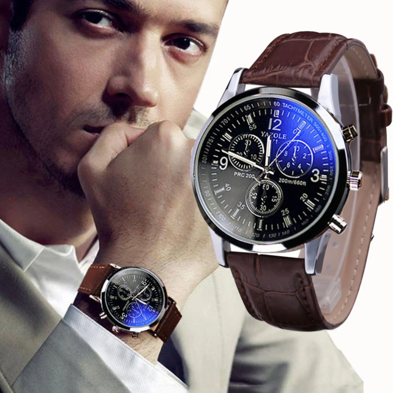 Splendid New Luxury Fashion Faux Leather Men Blue Ray Glass Quartz Analog Watches Casual Cool Watch