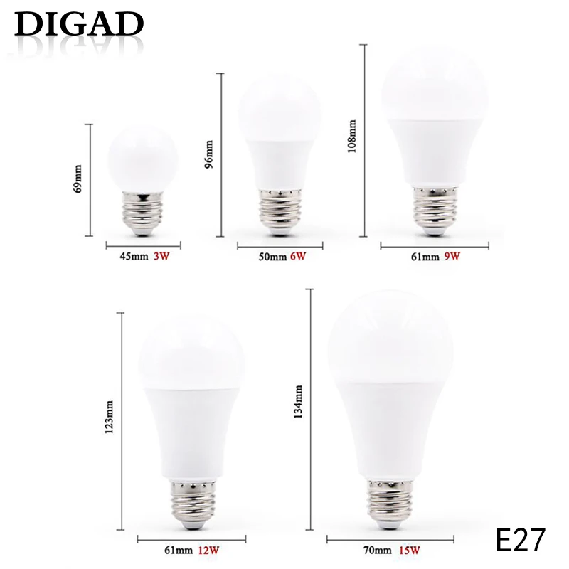 DIGAD 4 шт. светодиодный лампочка E14 E27 3 Вт 5 Вт 7 Вт 9 Вт 12 Вт 15 Вт 18 Вт 220 В светодиодный лампада ампулы Bombilla высокая яркость светодиодный светильник SMD2835