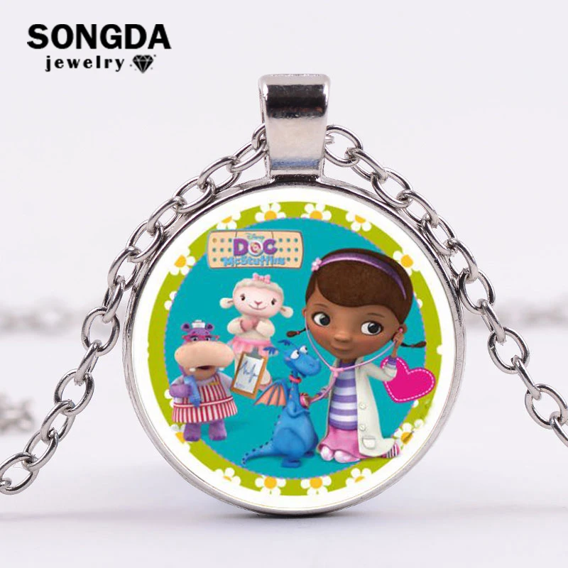 

SONGDA Doc Mcstuffins Children Cartoon Necklace Dottie Girl Figure Pattern Glass Cabochon Toy Pendant Necklace Kids Jewelry Gift