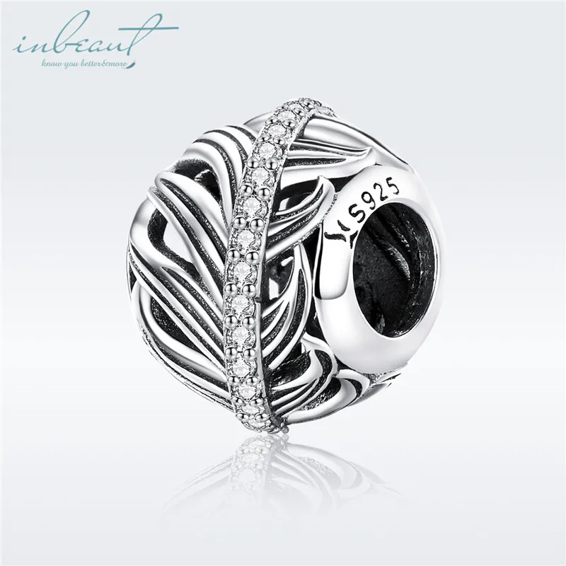 

S925 Sterling Silver fit Pandora Bracelet Bohemia Feather Round Beads Vintage Bird Wing Hair Charms for DIY Chains Making