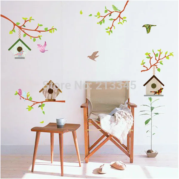 

[Fundecor] new shelves twig bird house pattern decoration stickers TV sofa background wall decals removable pvc 6715