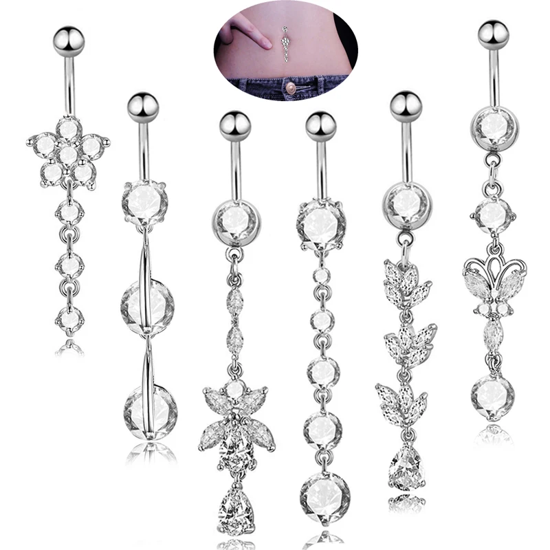 6PCS/Set Stainless Steel Crystal Dangle Belly Button Rings Navel Body Jewelry  I 