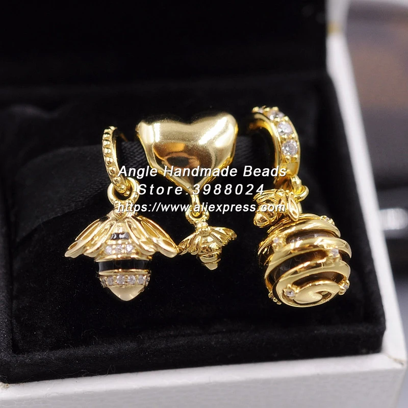 

3pcs 2018 Spring S925 Sterling Silver Golden Plated Bee Charms Beads Jewelry Set Fit Europea Bracelets Necklaces Jewelry Making