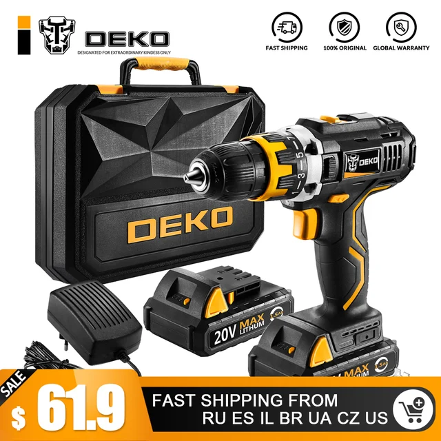 DEKO GCD20DU2Y 20 максимальное напряжение Электрический Беспроводная электродрель-отвёртка мини Беспроводной Мощность драйвер DC литий-ионный Батарея 1/2-дюймовый 2-Скорость