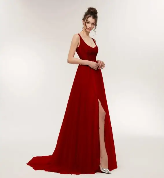 Сексуальное платье для Бала Low Neck A-Line бисерные вечерние платья длинное с разрезом роскошное выпусквечерние вечернее платье Robe de Soiree RE12 - Цвет: Burgundy