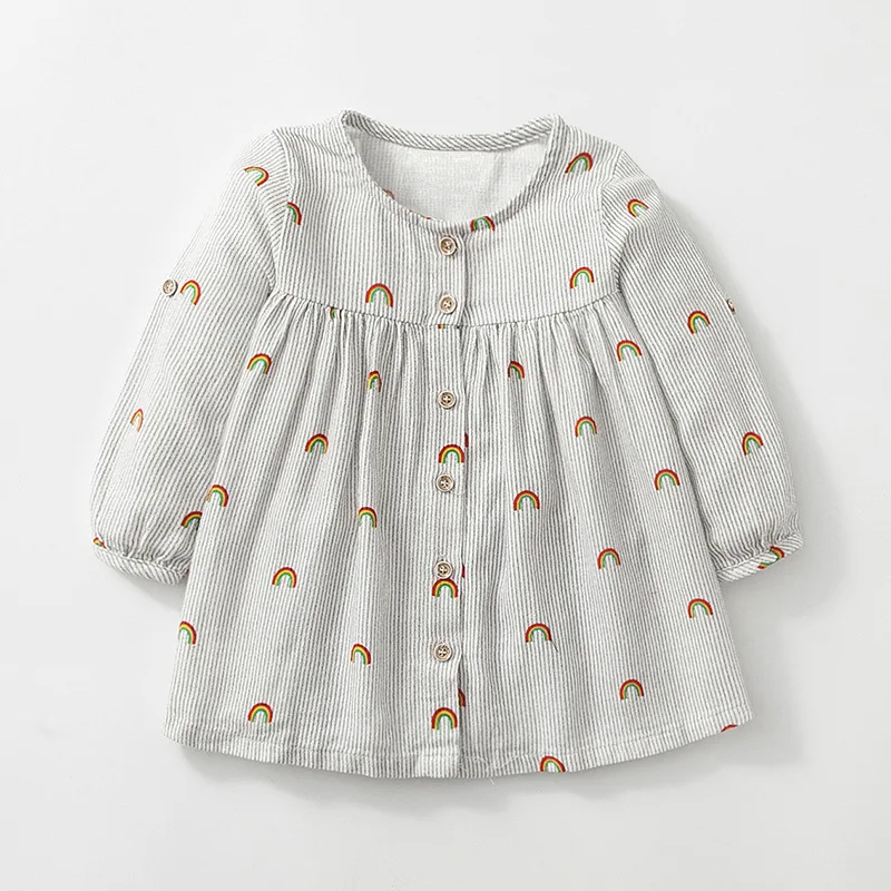 

Little Maven Spring Autumn New Half-Sleeved Grey Striped Rainbows Button 1-6yrs Woven Button Cotton Girls Casual Dresses