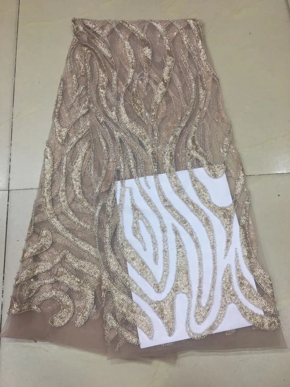 

New arrivals pink/beige sequins with beads on tulle mesh embroidery lace fabric wedding/party/evening dress lace fabric 5yards