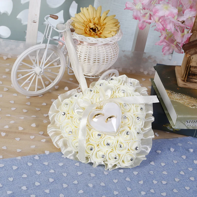 

Heart Design Rose Wedding Ring Pillow with Gift Ring Box Wedding Ring Pillow Box Hanging Rhinestones for Wedding Decorations