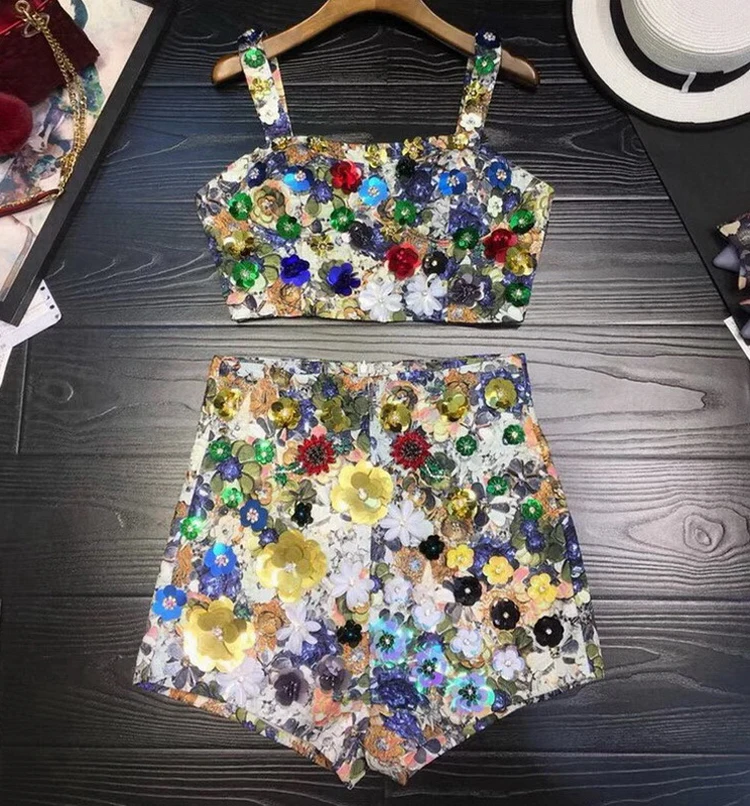 Luxury Beading Decoration Top and A-Line Short Pants Women 2 Piece Set Suit Spring Summer 2018 (8)