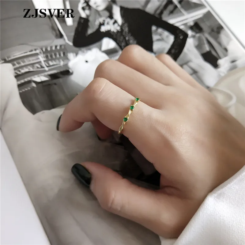 

ZJSVER Korean Jewelry 925 Sterling Silver Rings Golden Fashion Simple Green Crystal Weave Women Ring For Festival Present