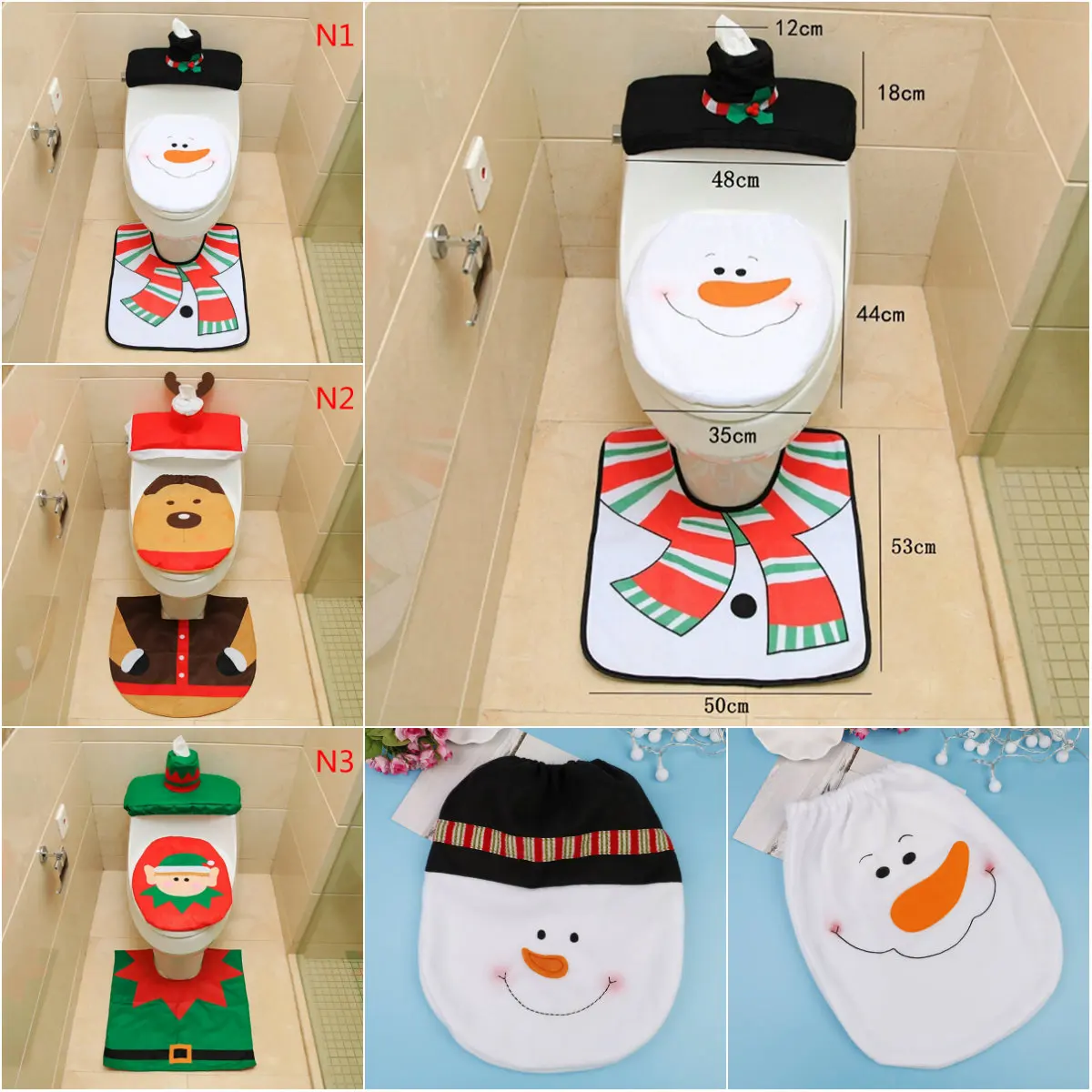 1Set Toilet Foot Pad Seat Cover Cap Christmas Decorations Happy Santa Toilet Seat Cover and Rug Bathroom Accessory Santa Claus