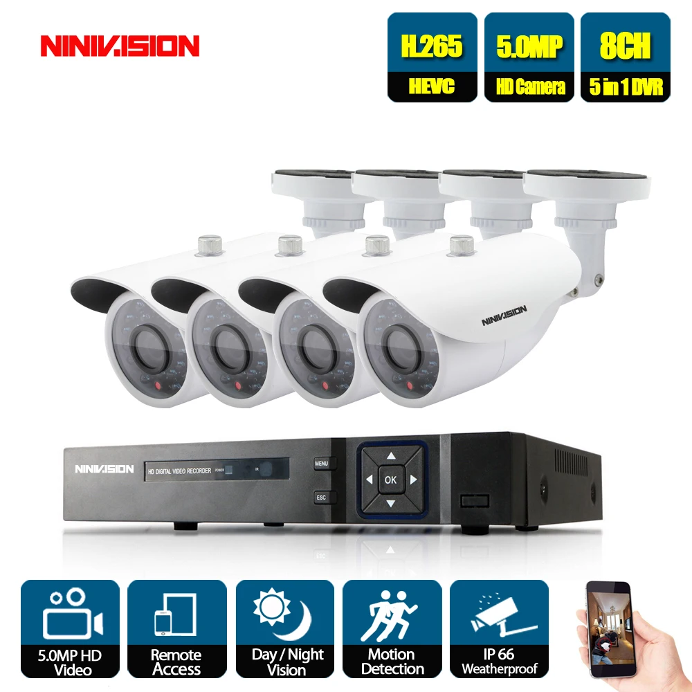 5MP Ultra HD 8CH DVR H.265+ CCTV камера системы безопасности 4 шт. IP66 Водонепроницаемая наружная 5MP камера металлическая камера видеонаблюдения - Цвет: Белый