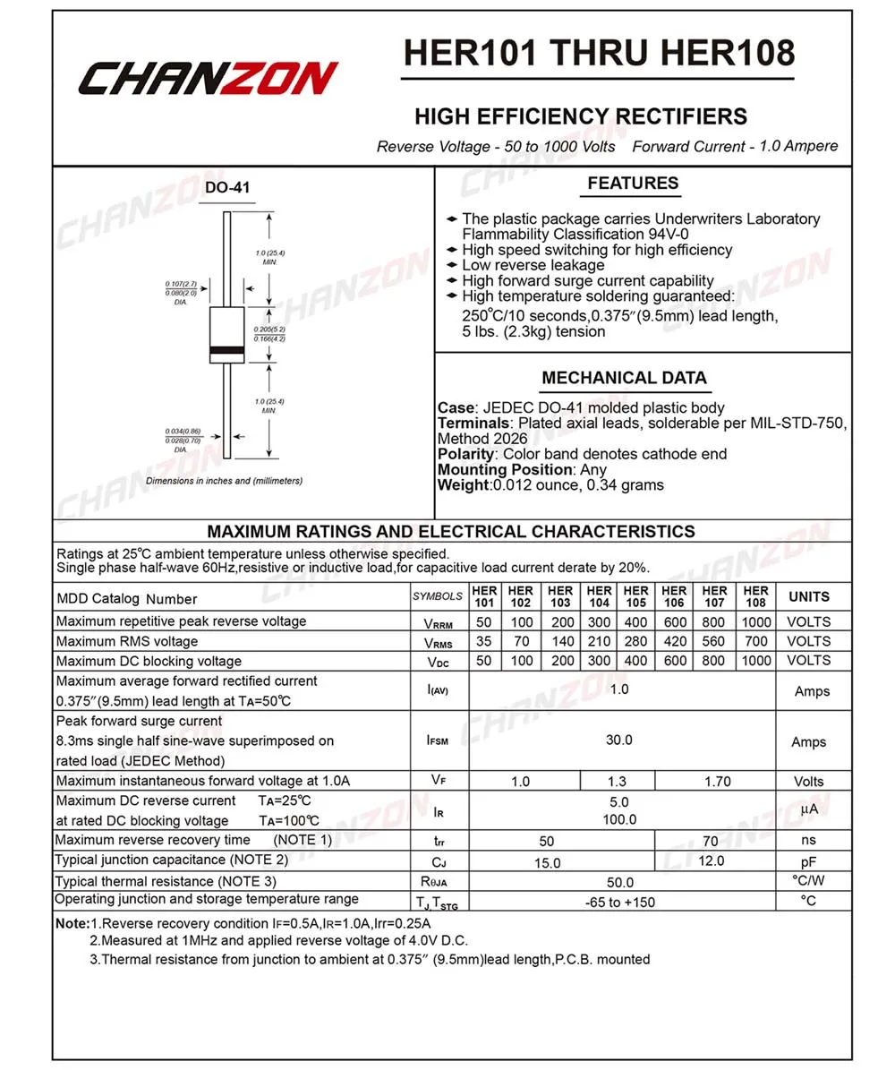 (100 шт.) высокоэффективный выпрямительный диод HER107 1A 800 V 50 70ns DO 41 (DO 204AL) осевой 1