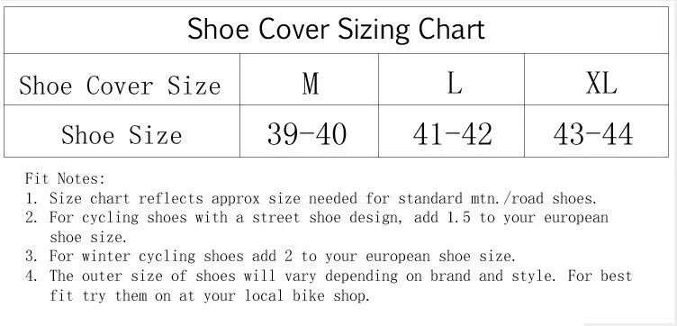 Cycling Shoe Cover Size Chart