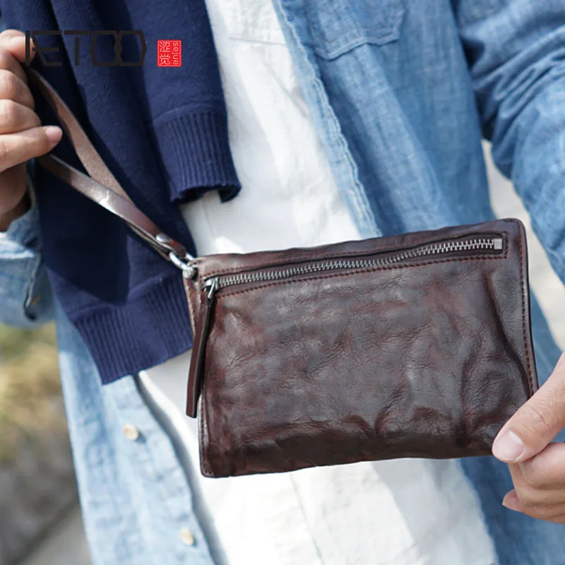 

AETOO Handmade Kraft leather first layer cowhide leather hand bag men envelope large capacity clutch men