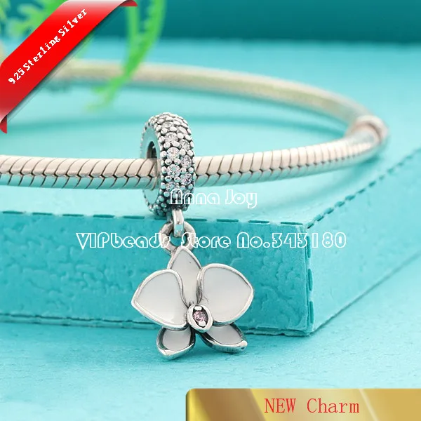 

2017 Summer 925 Sterling Silver Orchid Pendant with White Enamel and Clear Cz Charm Fit European Women Jewelry Bracelets DA218