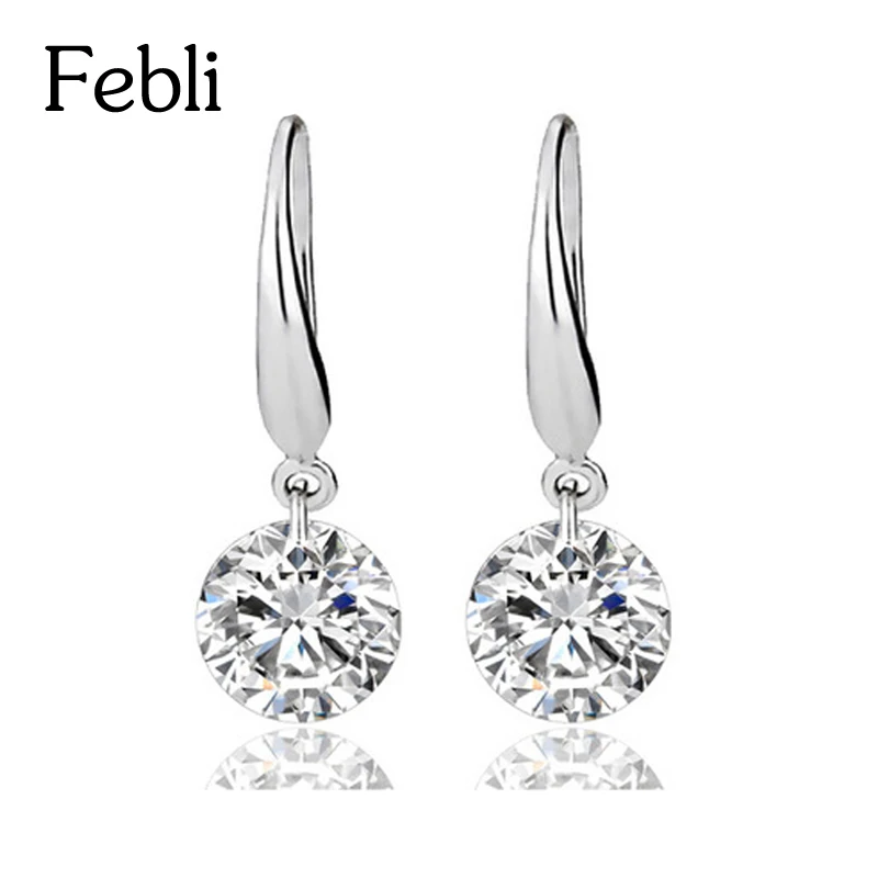 Febli Top Quality 0.8mm Classic Silver Color Earrings Princess Consort Wedding Crystal Earring Shining Zircon For Women | Украшения и