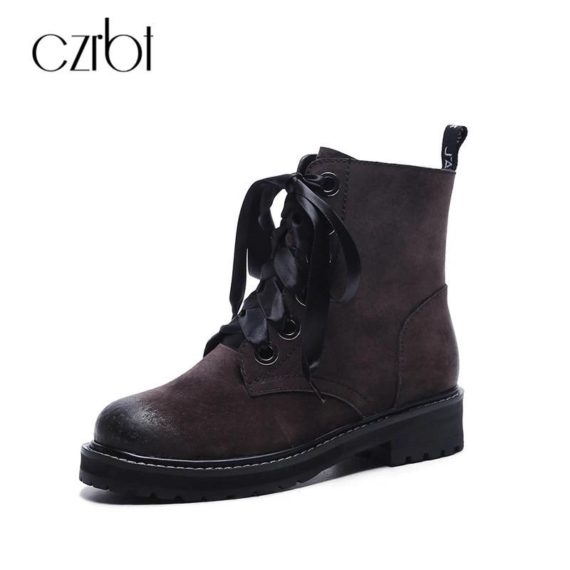 

CZRBT Autumn Winter Wedges Heel Cross-tied Ankle Boots Women Genuine Leather Boots Retro Round Toe Casual Short Boots For Woman
