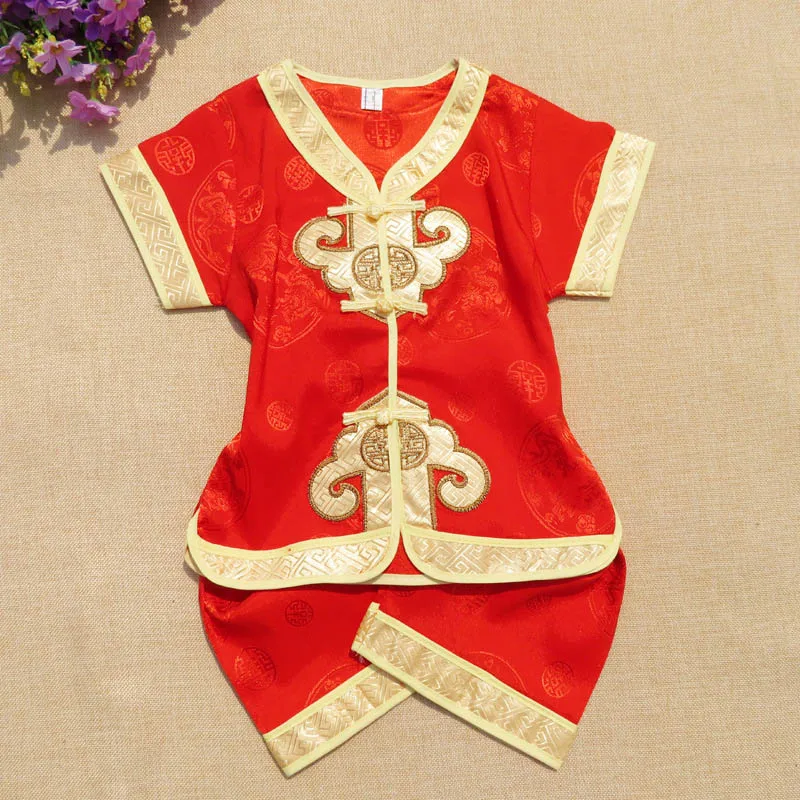 Новогодняя одежда для мальчиков в китайском стиле; коллекция года; Детские костюмы красного и желтого цвета с короткими рукавами; летние традиционные комплекты одежды для малышей - Цвет: Красный