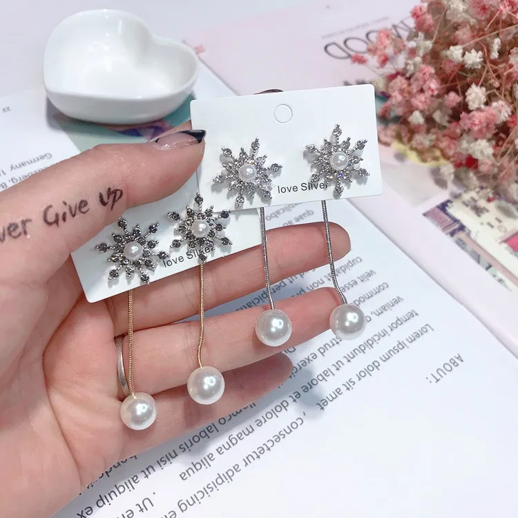 snowflake tassel earring 925 silver post Hypoallergenic fadeless fashion jewelry stud earrings for women Christmas gift