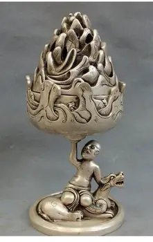 

12" Tibet Silver Folk God Ride Unicorn PiXiu Statue Up Box Incense Burner Censer decoration factory outlets white Copper Silver