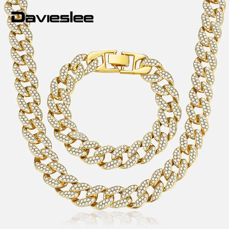 

Davieslee Hip Pop Mens Jewelry Sets Iced Out Gold Miami Curb Cuban Chain Bracelet Necklace Set for Men Dropshipping 2019 LGS286