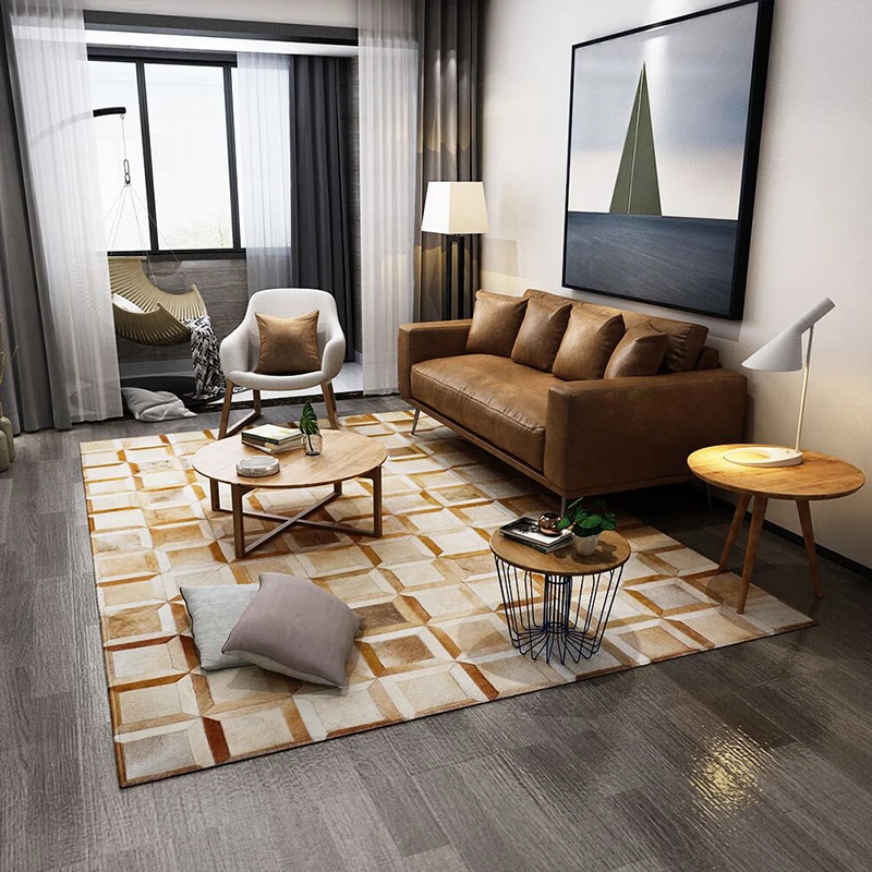 Роскошный, в американском стиле теплые Прошитые прикроватный коврик геометрический узор натуральная кожа крупного рогатого скота чекер пэчворк ковер для гостиной