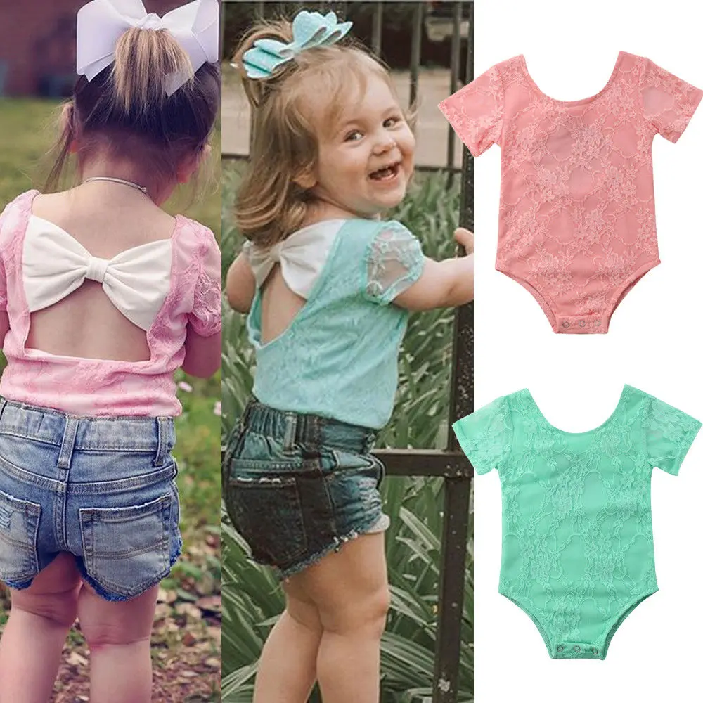 Kids Baby Girl Bowknot Backless Bodysuit Little Girls Lace Mesh