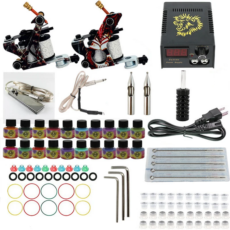 Professional Tattoo set Complete Equipment dual Tattoo kit 2 Machine Gun 20 color Inks font b
